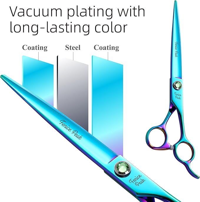 Fenice Peak Green Dog Grooming Scissors Set Straight Thinning Curved and Chunker Shears 4PCS Kit with Simulated Emerald Screw 440C Trimming Shears Durable and Sharp