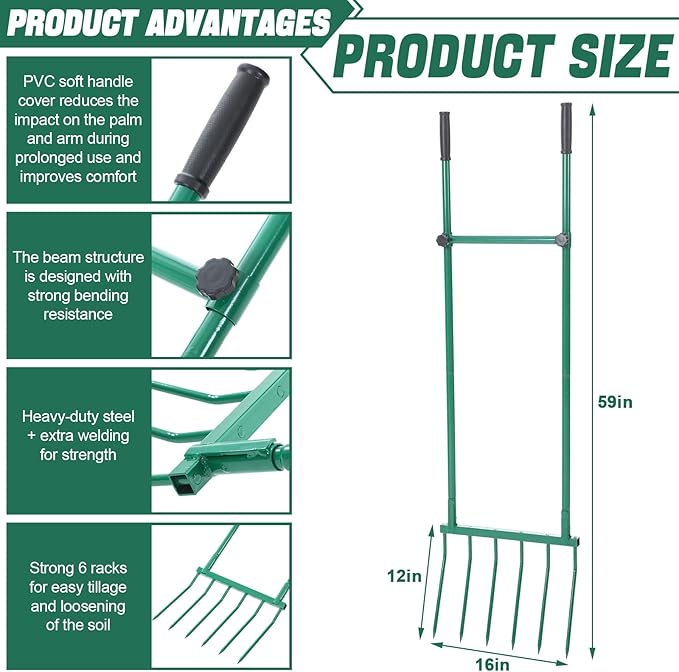 Zonon Heavy Duty Garden Broadfork 59" Steel Long Dual Handle Pitch Fork 16" Wide Broadfork 6 Steel Tines U-Shaped Hand Tiller Broad Fork for Farm and Garden Soil Loosening Weeding Composting Aeration
