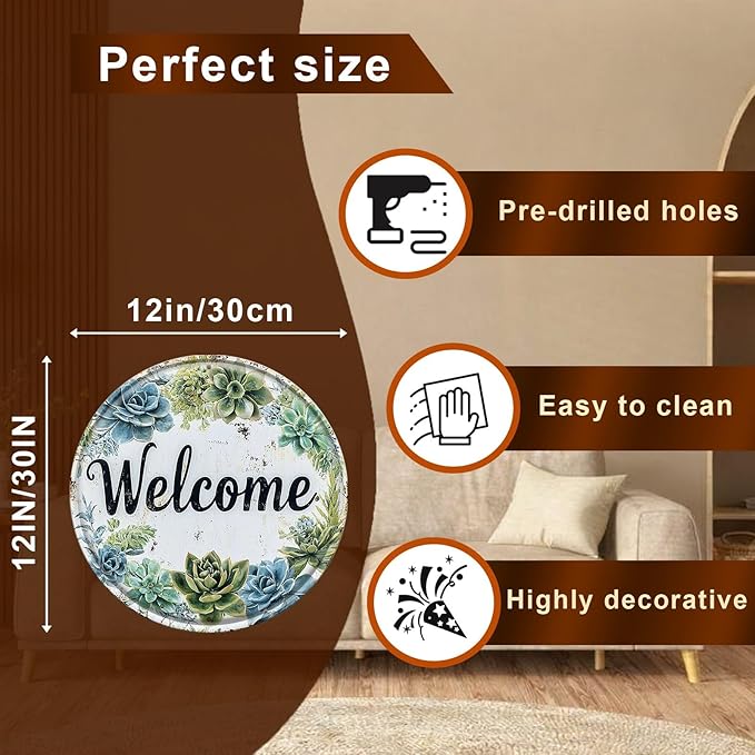 Round Welcome Wreath Aluminum Tin Sign Vintage Style Hanging Door Decor for Front Door Porch Entryway Outdoor Wall Art Decor 12x12inch