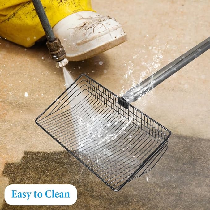 Large Chicken Poop Scooper, 10 Inch Chicken Coop Rake with Adjustable Stainless Steel Ergonomic Handle (23 to 55 Inch) for Chicken Coop Cleaning Tools