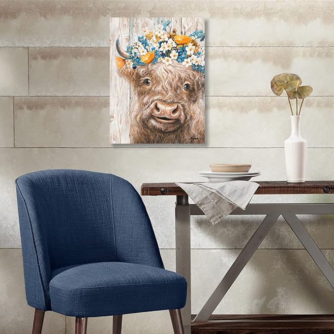 Yidepot Cow Wall Art Farmhouse Decor: Rustic Pretty Furry Cattle Print Wearing Wreaths for Bedroom Cute Abstract Vintage Cow Stuff Artwork Framed Ready to Hang Size 12"x15"