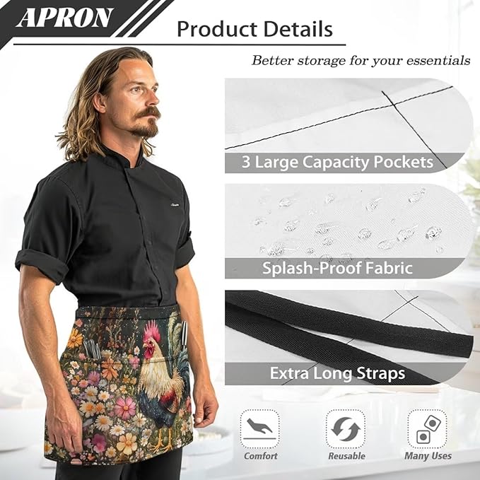 Waist Apron with 3 Pockets Waterproof 13 Inch Short Half Waist Aprons Women Men Server Aprons Waitress Waiter Apron