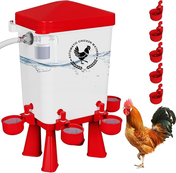 Chicken Waterer, 3 Gallons Automatic Chicken Waterers with 5ft Pipe, Float Controlled Automatic Poultry Water Feeder, 5 Chicken Waterer Cups (Red, 3 Gallons)