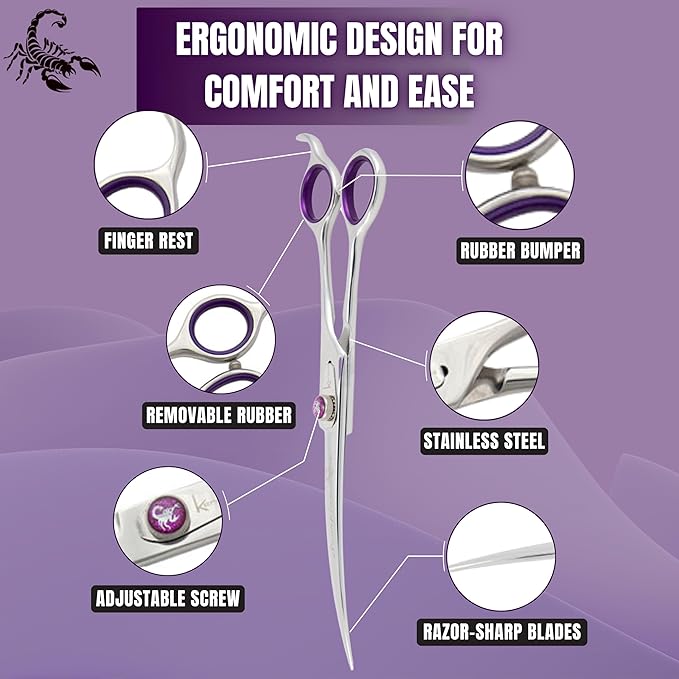 Kenchii Scorpion Dog Grooming Scissors, 8 Inch Curved Shears, Dog Scissors for Grooming, Professional Pet Grooming Scissors, Heavy Duty, Durable and Sharp