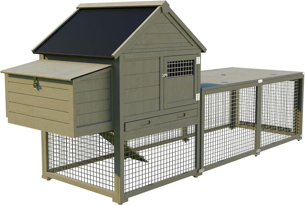 Chicken Coop, Wooden Chicken Coop for 3-5 Chickens, 109in Outdoor Coop with Run, Waterproof Roof, Nesting Box, Pull Out Trays and Ramp, Brown