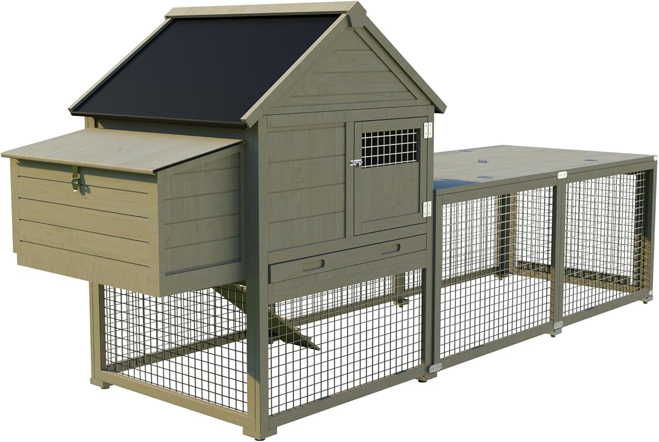 Chicken Coop, Wooden Chicken Coop for 3-5 Chickens, 109in Outdoor Coop with Run, Waterproof Roof, Nesting Box, Pull Out Trays and Ramp, Brown