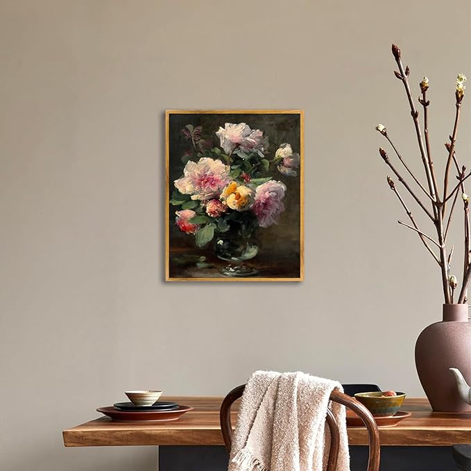 Vintage Flower Pictures Pink White Floral Paintings Flowers in Vase Wall Art Blooming Flowers Poster Antique Still Life Painting Pink Yellow Flower Artwork Pink Rose Canvas Wall Art 8x10inch Framed