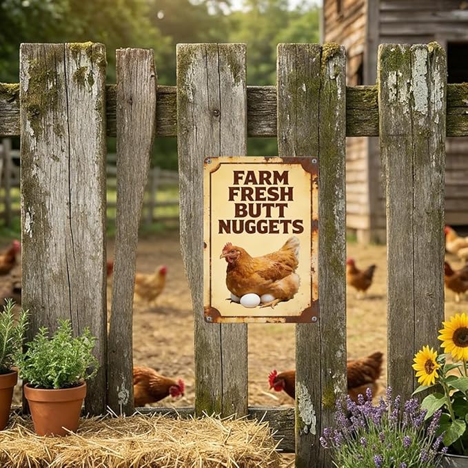 Funny Chicken Metal Sign Outdoor, Aluminum Farmhouse Wall Decor for Coop Door or Yard Area, Fluffy Humor Country Living Style, Rustic 8x12 Inch Gift