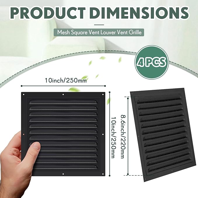 4 Pcs Aluminum Attic Vents 10" x 10" Metal Gable Wall Mesh Shed Vent with Screen Square Louver Grille for Exterior Door House Attic Garage Ceiling