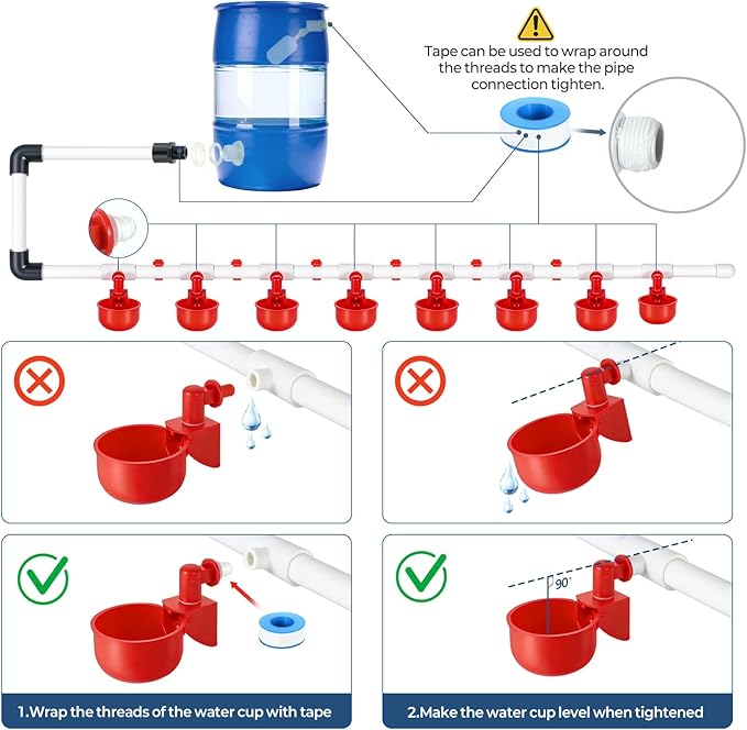 51 Pcs Automatic Chicken Waterer System Set, Chicken Watering System Kit with 8 Chicken Water Cups, Float Valve, Water System for Chickens Ducks Quail Poultry