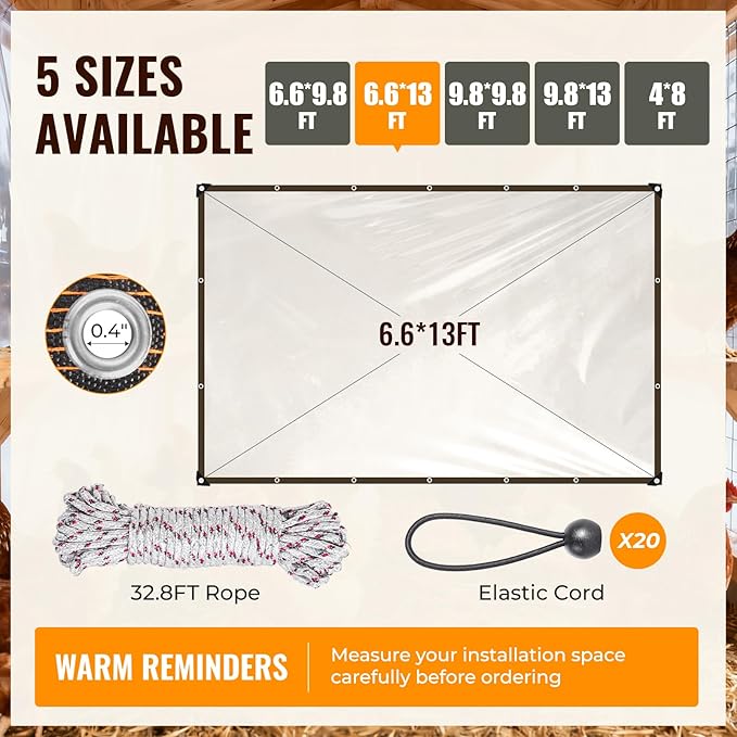 6.6x13Ft Chicken coop Cover for Winter - Waterproof Durable Chicken coop tarp with Elastic Cords & Rope for Easy Installation on Large Chicken Runs, Walk-in Pens, and Cages
