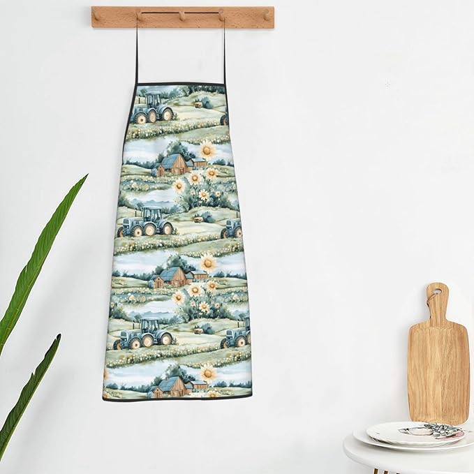 Chef Aprons for Men and Women - Country Sunflower Tractor Print Oil-Resistant Bib Aprons for Cooking or Kitchen Grilling BBQ