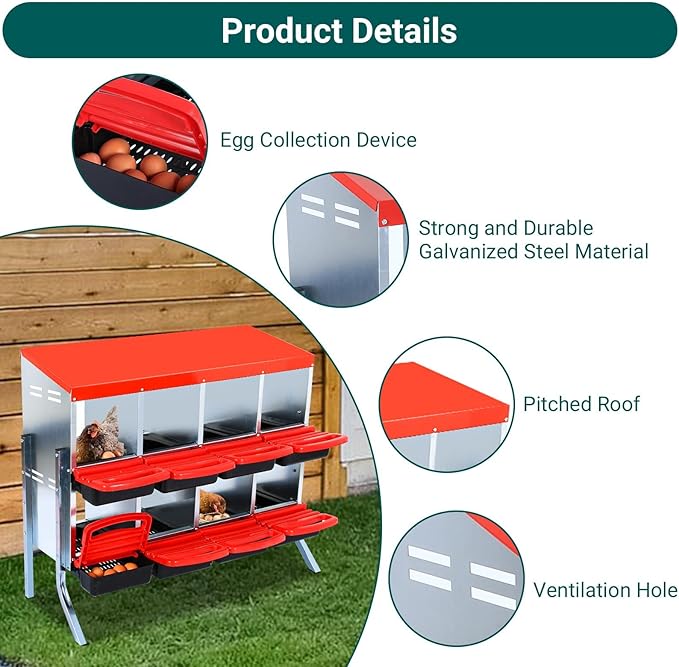 6 Compartments Roll Away Metal Chicken Nesting Box, Egg Tray & Perch, Heavy Duty Galvanized Steel, Easy Clean, Wall Mounted or Freestanding – with Bracket Legs, Red