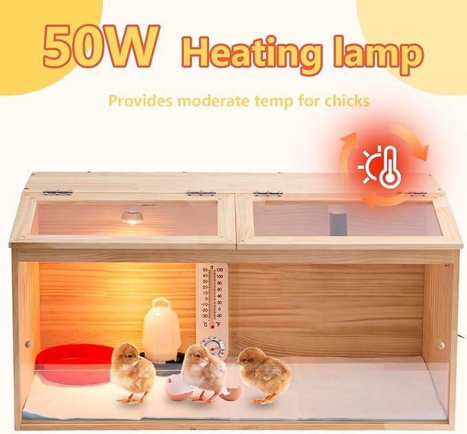Large Wooden Chicken Brooder Box with Bulb Set and Thermometer - Brooder Box for Chicks Indoor Accommodates Up to 12 Chicks - Ideal for Chickens, Ducks, Quails, Hamsters, and Lizards（32x16x16 Inches）