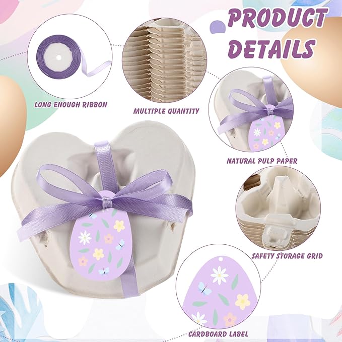 24 Pcs Easter Egg Cartons White Heart Shaped Egg Holder Natural Pulp Paper for Chicken Eggs with Macaron Color Label Ribbon for Easter Gift, Arts and Crafts Reusable Mini Egg Cartons