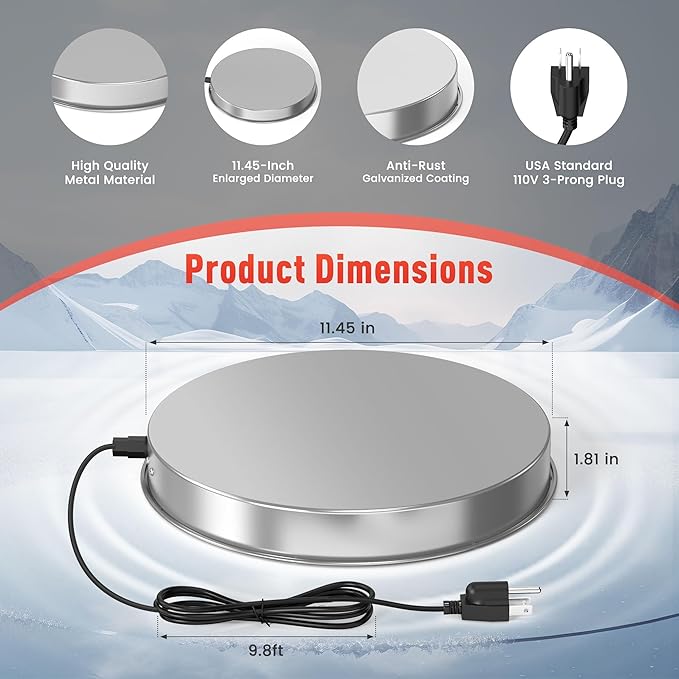 Chicken Water Heater for Winter, 110W Heated Poultry Waterer Base with Thermostat, 11 Inch Poultry Winter Deicer Heated Base with 9.8ft Power Cord (Silver)