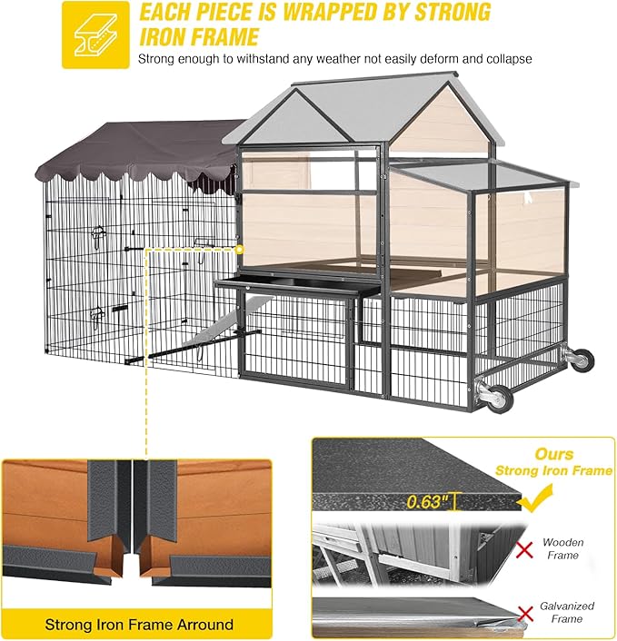 Aivituvin Chicken Coop 85" Super Large Mobile Chicken House with Strong Iron Frame Outdoor Poultry Cage with Nesting Box, Duck Coop,Waterproof Rain Cover