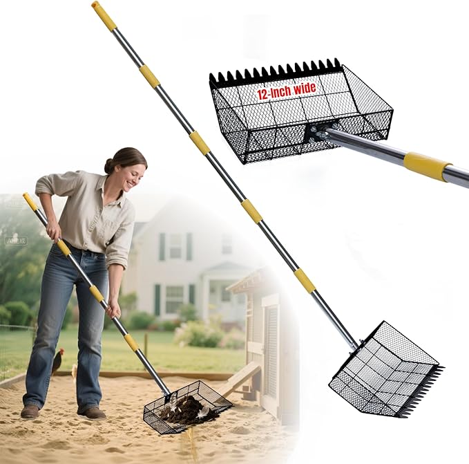 Chicken Coop Poop Scooper Rake for Sand - Lightweight Metal Cleaning Tool,Adjustable 24"-65" Handle, 12" Wide Sifter Shovel for Chicken Run,Litter Box,Dog Yard, Rabbit Hutch,Kids Sandboxes