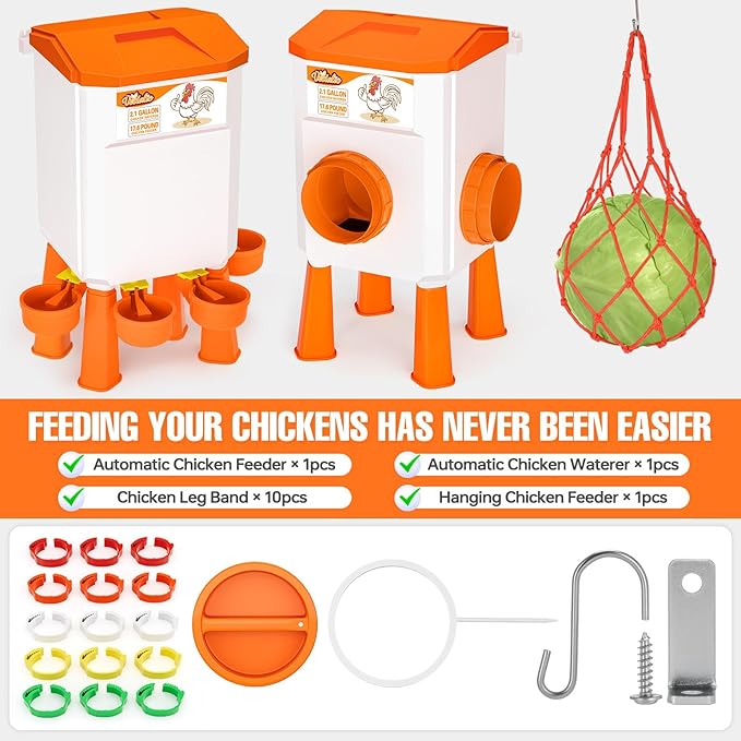 Chicken Feeder and Waterer Set, 2.1 Gallon/17.6 Pounds, Automatic Chick Feeder and Waterer Set No Waste, Chicken Lover Gifts for Women Men