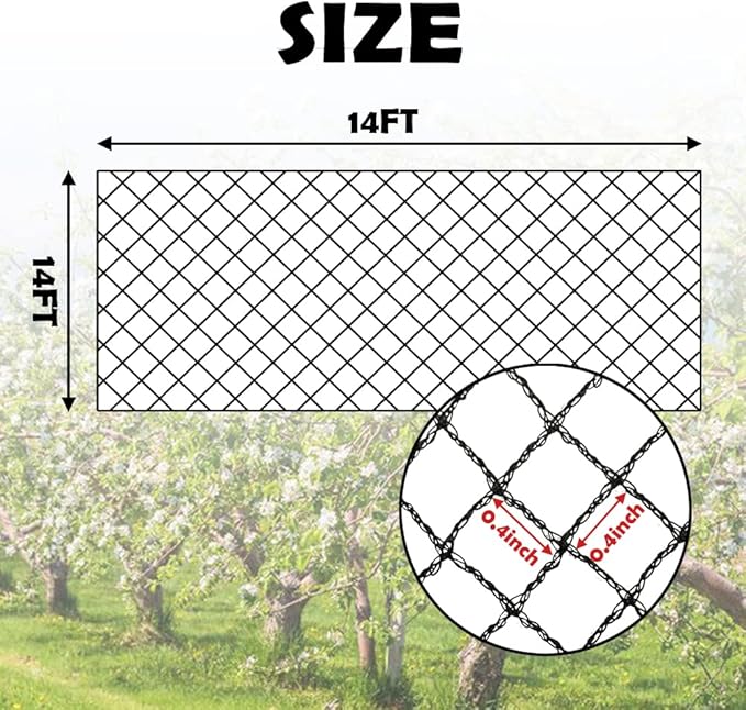 Meanchen Bird Netting 14x14 Ft, 1/2In Mesh Heavy Duty Garden Netting Pest Barrier for Plants, Vegetables, Extra Strong Woven Mesh Netting, Animal Fencing for Fruit Trees Against Birds, Deer, Poultry