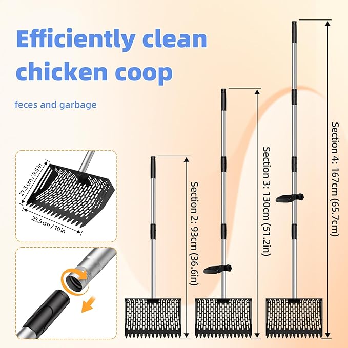Chicken Poop Scooper & Rake 2-in-1, 4 in 1 Stainless Steel Handle 12 in Chicken Coop Pooper Shovel (23 to 62"), for Animal Sheds, Trash Scoop with Ergonomic Handle, Scooper Sand Sifting Shovel