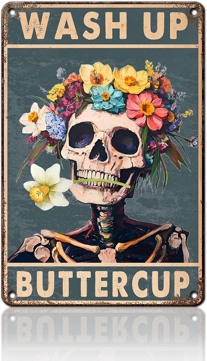 Skeleton Metal Sign Wash Up Buttercup Funny Skull Vintage Tin Sign for Wall Art Decor Home Bathroom Toilet Decoration 8x12inch