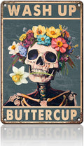 Skeleton Metal Sign Wash Up Buttercup Funny Skull Vintage Tin Sign for Wall Art Decor Home Bathroom Toilet Decoration 8x12inch