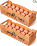 2 Pieces Wooden Egg Holder Countertop, Stackable 12 Capacity Farmhouse Rustic Pinewood Egg Storage Display Rack Basket with Handle, Eggs Organizer Stand Box with “Farm Fresh Eggs” Print