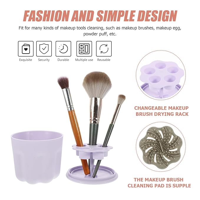Brush Cleaning Box and Pad Set Purple Pp Makeup Brush Washer Bowl with Silicone Storage Rack Portable