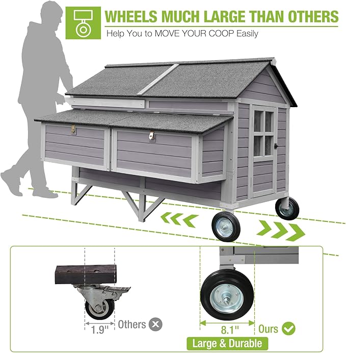 GUTINNEEN Chicken Coop with Super Large Wheels for 8-10 Chickens Mobile Duck House 68.1" L with Four Nesting Boxes, Four Perches, Easy to Move