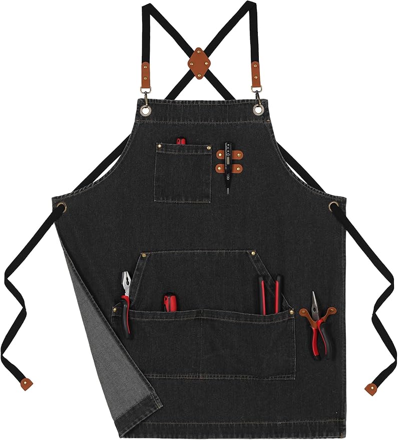 Denim Bbq Apron for Men Women with Pockets Adjustable Cross Back Chef Aprons for Kitchen Cooking Grilling Working