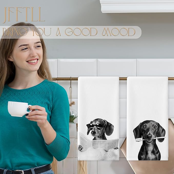Funny Dachshund Bathroom Hand Towels, Weiner Dog Gifts for Women, Black and White Cute Dachshund Hand Towels for Bathroom Washroom Restroom Decor, 16x24 Inch, Set of 2（Upgraded Fabric）