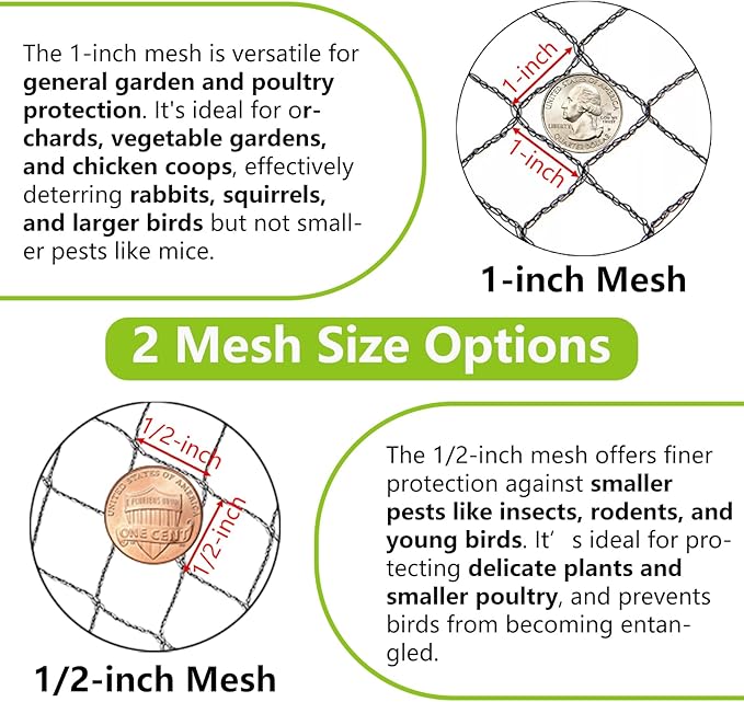 POYEE 50x50ft Bird Netting for Chicken Coop, 1 inch Mesh, Heavy Duty, Hawk Proof, Garden Protection, Fruit Tree Netting Against Squirrels Deer