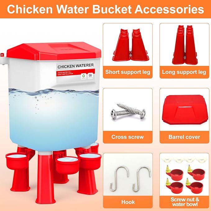 Hanging Automatic Chicken Waterer, Plastic Chicken Water Poultry Drinker, Detachable Legs, Poultry Water, Fresh Water for Chicken, Goose, Duck (Light Red, 2 Gallon)
