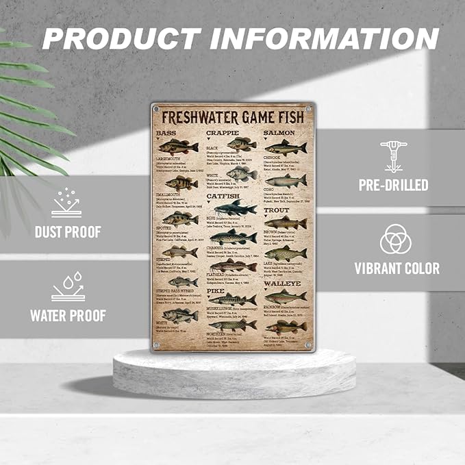 Freshwater Game Fish Chart Metal Sign Vintage Educational Wall Decor For Fishing Enthusiasts Anglers Man Cave Lake House Cabin Garage 8 x 12 Inch Home Indoor