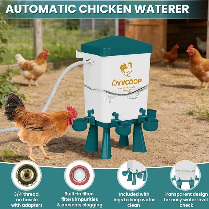 Automatic Chicken Waterer with Float Valve, Float Control Poultry Waterer with Hose for Duck Turkey, Chicken Coop Accessories, Standing/Hang Use, 3 Gallon(Upgraded), Blue