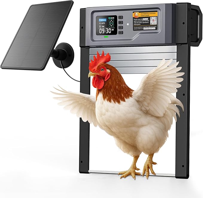 Automatic Chicken Coop Door, Solar Powered Roll-Up Chicken Door with Light Sensor, Timer & Manual Mode, 2500mAh Battery, USB-C Backup, Aluminum Frame, Anti-Pinch, for Chicken Coop Size:13.2''x8.9''