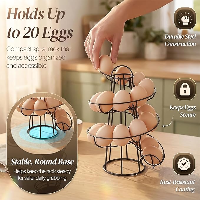 Flexzion Egg Skelter Modern Spiral Egg Holder Countertop (Medium Egg Display) - Freestanding Wired Countertop Egg Holder for Fresh Eggs, Dispenser Stand, Storage Rack for Kitchen, Black