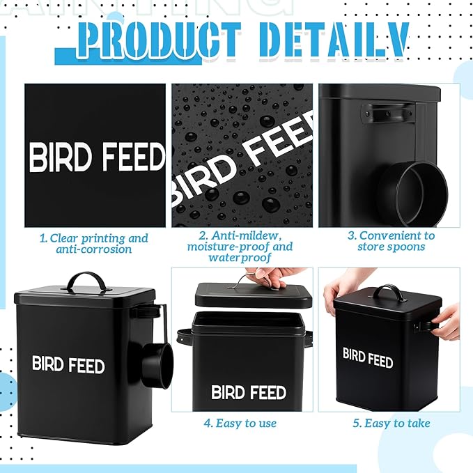 2 Pcs Metal Bird Seed Container with Scoop, Bird Feed Storage Container with Fitted Lid, Farmhouse Style Ideal Gift for Birds and Pet Owners(Black)