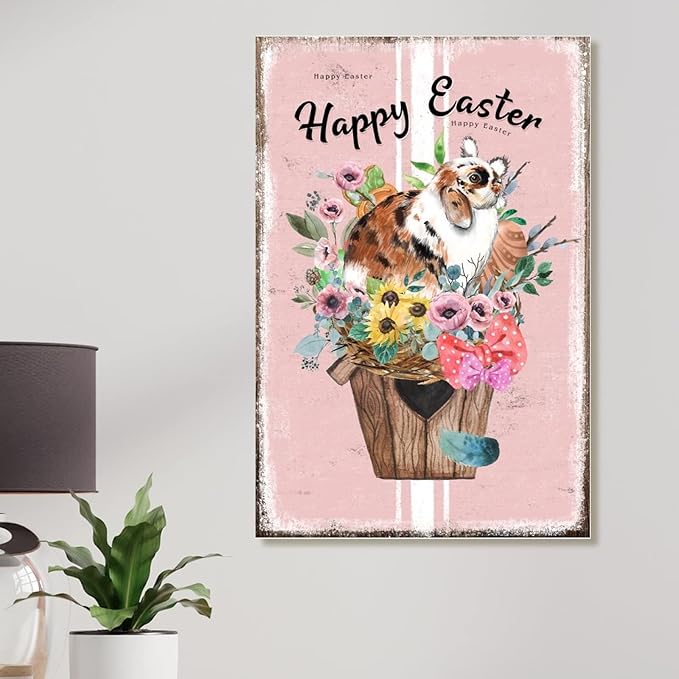 Wood Wall Art Plaque French Style Floral Pink Stripes Sign Happy Easter Flower Basket Bunny Wood Signs Wall Decor Farmhouse Spring Decor Easter Wall Art Sign for Living Room 12x18in