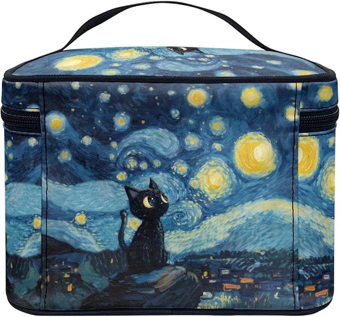 Black Cat Starry Night Print Travel Makeup Bags for Women Portable Tote Cosmetic Case with Carry Handle Toiletry Accessories Storage Organizer Bags