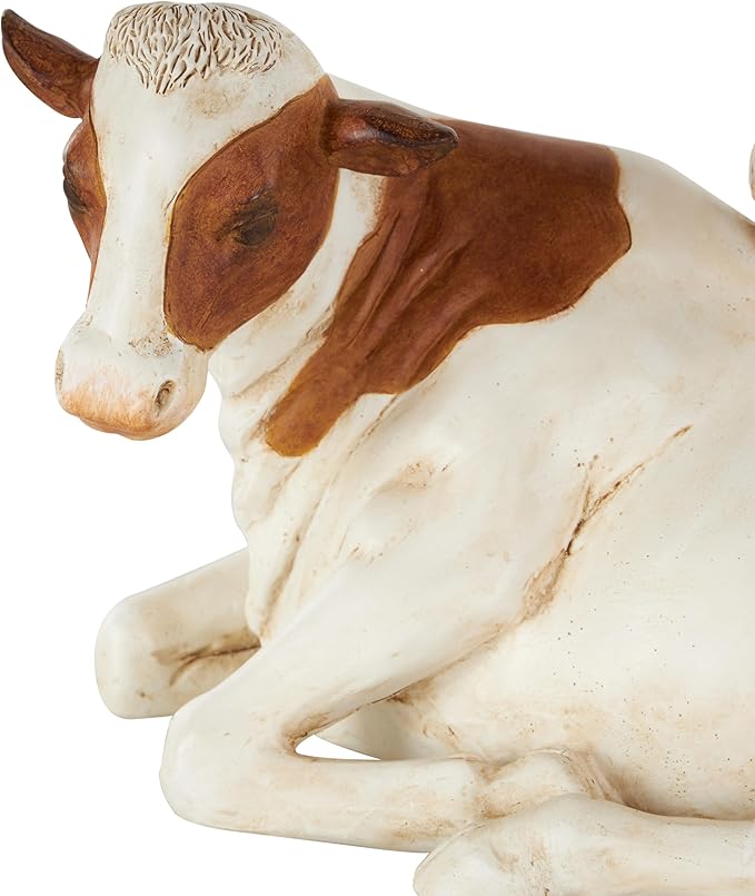 Deco 79 Polystone Cow Sleeping Sculpture with Sitting Roosters and Chicks, 11" x 6" x 6", Cream