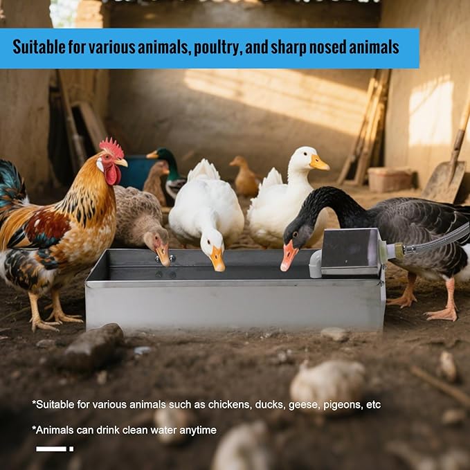 Automatic Chicken Waterer Dispenser 1 Gallon Large Stainless Metal Poultry Waterer Feeder Hanging Chicken Watering System with Float Valve Hose Kit for Pigeon Duck Goose Turkeys for Chicken Coop
