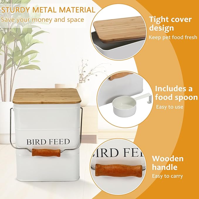 Morezi Bird Treat and Food Storage tin with Wooden lid and Scoop Included - White Powder - Carbon Steel - Birds Food bin - pet Food Container Storage Canister