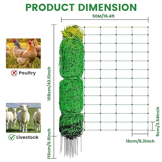 Electric Fence Netting, Portable Livestock Fencing for Sheep, Cattle, Net Fencing Kit with 14 Posts Double Spiked, Movable Poultry Netting for Backyards, Homesteaders, Farms Ranches (164 * 42.5)
