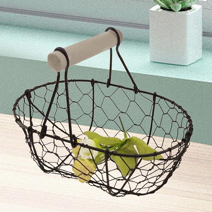 Wire Egg Basket with Wooden Handle Rustic Snack Basket Kitchen Storage Vintage Vegetables Basket for Farmhouse Decor- Coffee