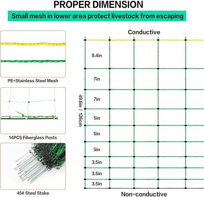Electric Fence Netting, 49.6" H x 164' L, PE Net Fencing Kit with 14 Posts Double Spiked, Utility Portable Mesh for Sheep Goats Deer Hogs Dogs Lambs Used in Backyards Farms and Ranches, Green