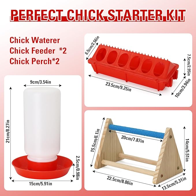 Chick Feeder and Waterer Kit with Mini Perch Chick Starter Kit for Small Poultry Ducks/Quail, Coop Brooder Feeding Supplies