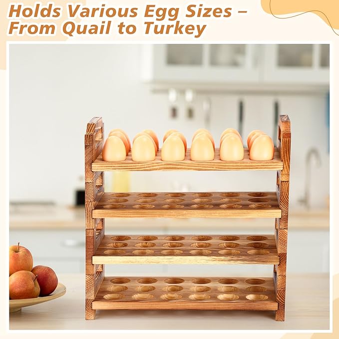 4 Tier Wooden Egg Holder for Countertop, Pine Stackable Fresh Egg Storage Farmhouse Collecting Rack for Gathering Kitchen Organizer Duck Eggs Display, Stackable with 72 Eggs(Brown)