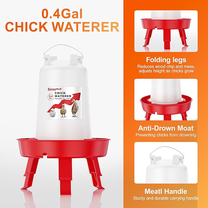 2-in-1 Chick Starter Set: 0.4 Gal Feeder and 0.4 Gal Waterer with Adjustable Legs for Baby Chicks, Includes Scoop, Hanging Hooks, Anti-Drown Design - BPA-Free Plastic (Red)